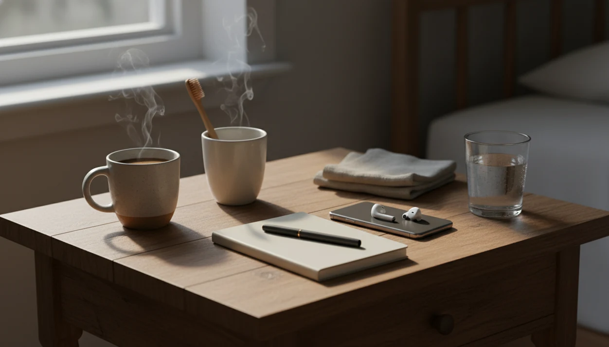 A calm bedside still life shows everyday cues for mindfulness, including coffee, a notebook, phone, and speaker and dim light on the bedside table.