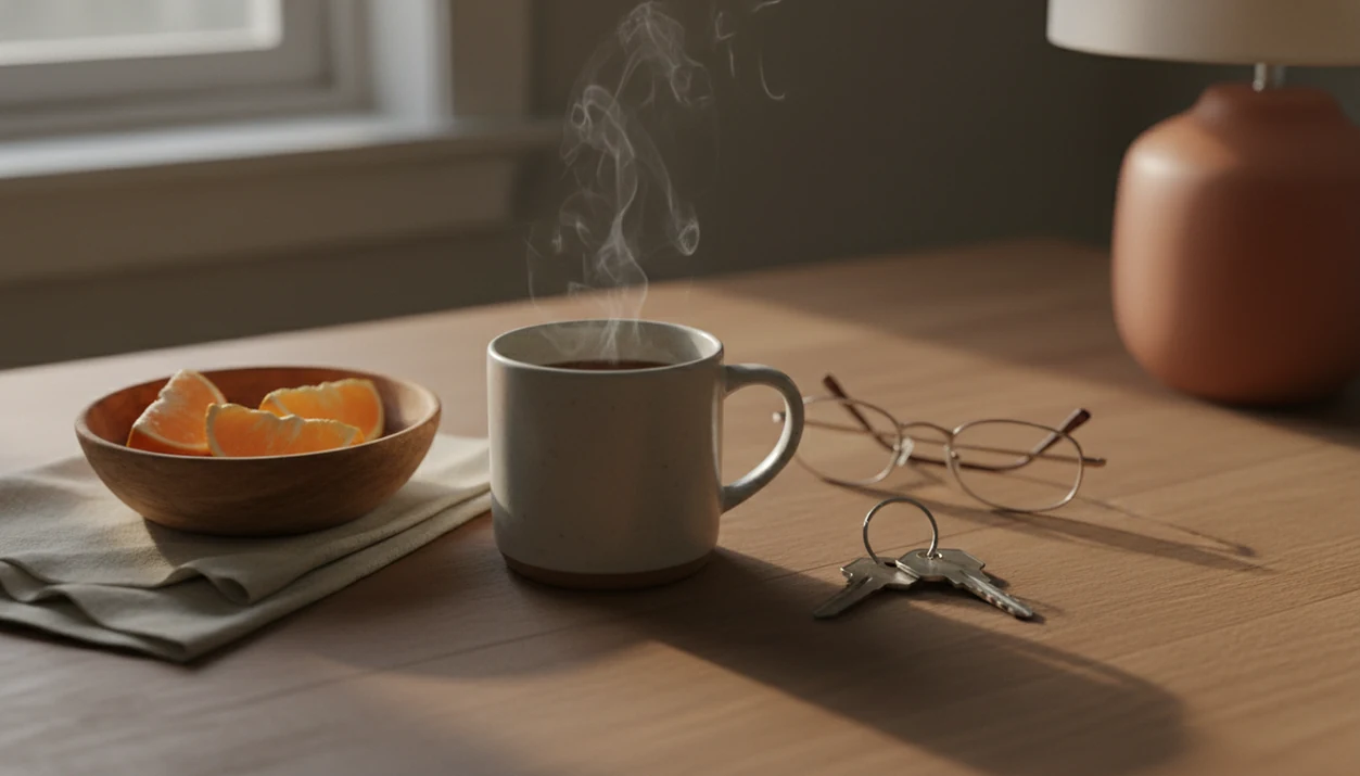 A calm tabletop of everyday objects suggesting short mindful moments during daily routines.
