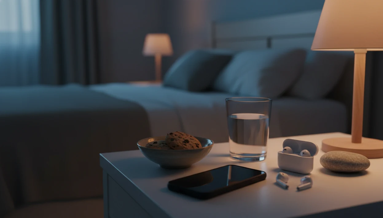 A quiet bedside still life shows cookies, water, phone on the nightstand with sleep audio ready.