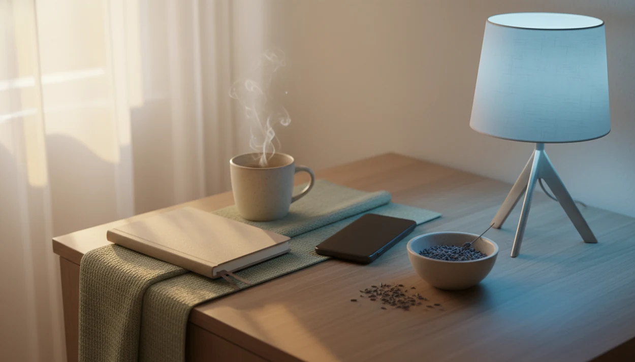 A calm bedside still life suggests a simple morning and evening self-compassion routine.