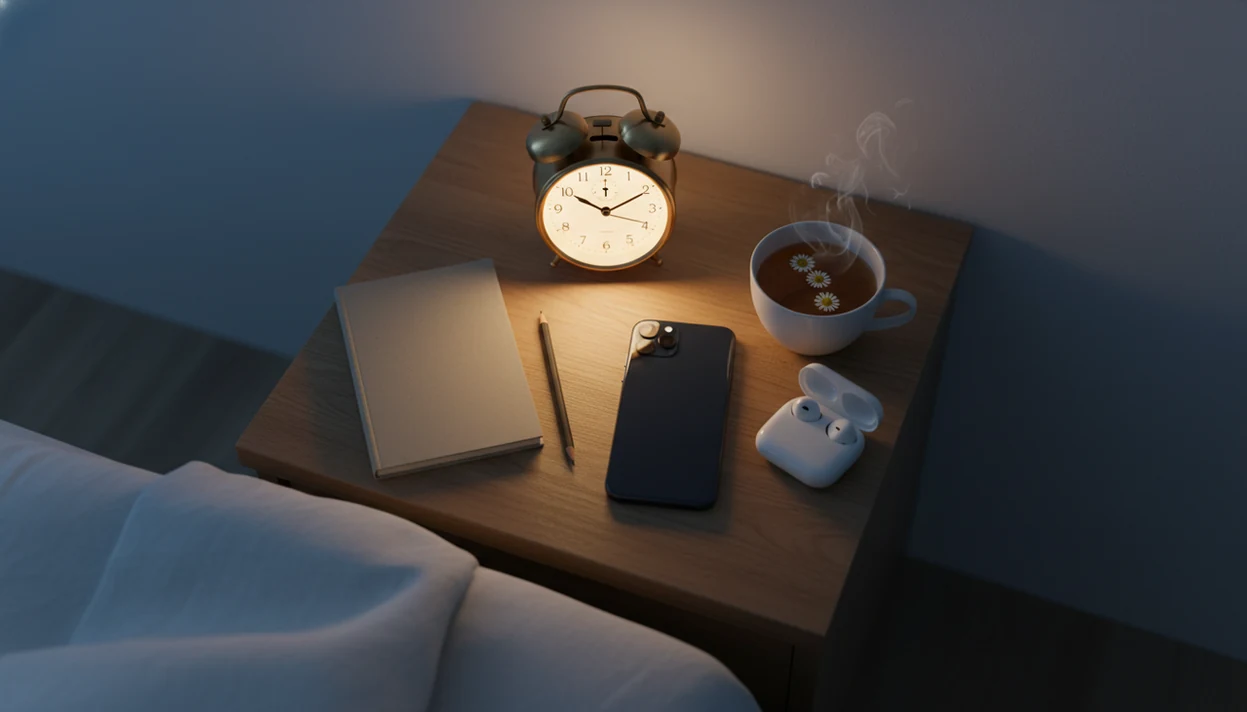 A calm nightstand shows a phone, alarm clock, bedside phone with a downloaded calm track.