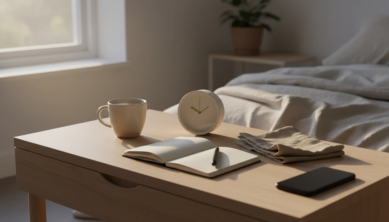 A calm bedside table with water, a blank notebook, a clock, and a face-down phone in morning light.