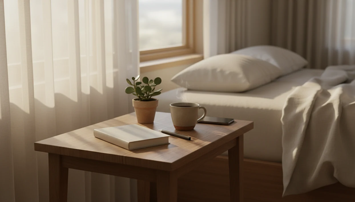 A calm bedside scene at dawn with a journal, tea, plant, and phone face down in soft morning light.
