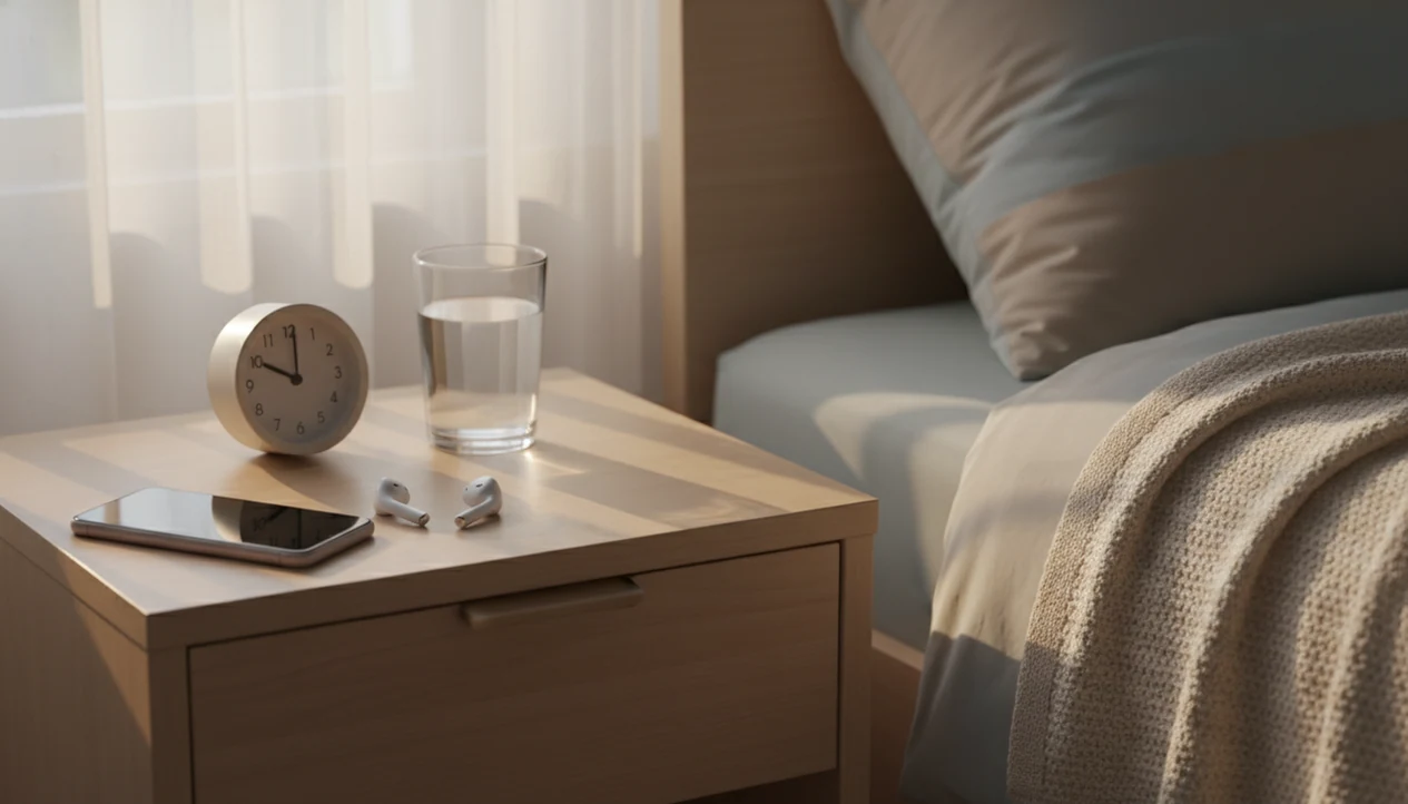 A quiet bedside table with phone on the nightstand with sleep audio ready.