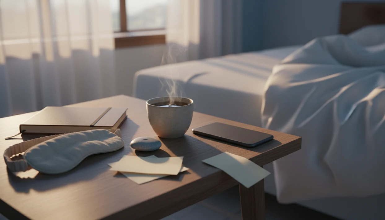 A calm bedside still life suggests releasing regret before sleep in soft morning light.