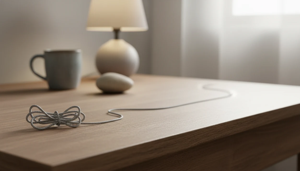 A tangled cord on a calm desk gradually straightens toward soft light, symbolizing renewed direction.