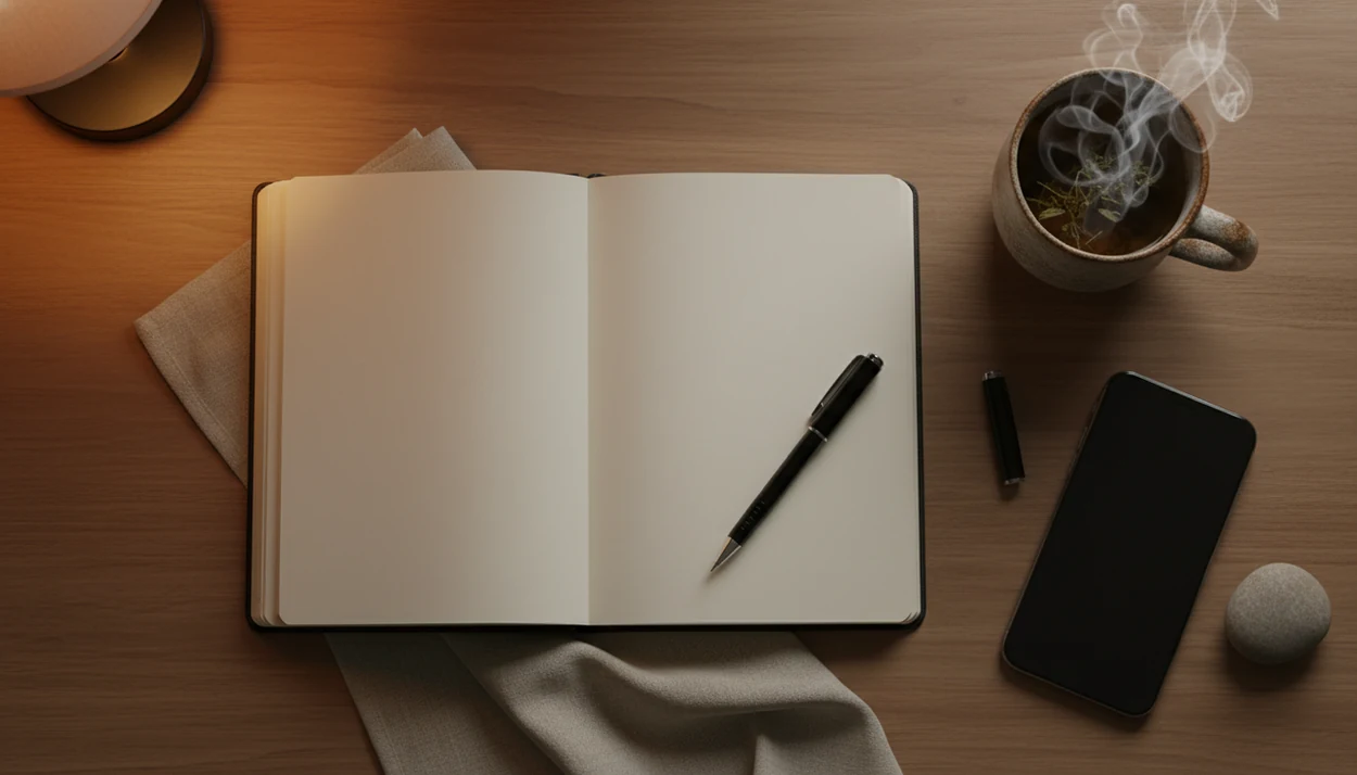 An open blank journal, pen, tea, and dimmed phone sit on a calm bedside table.