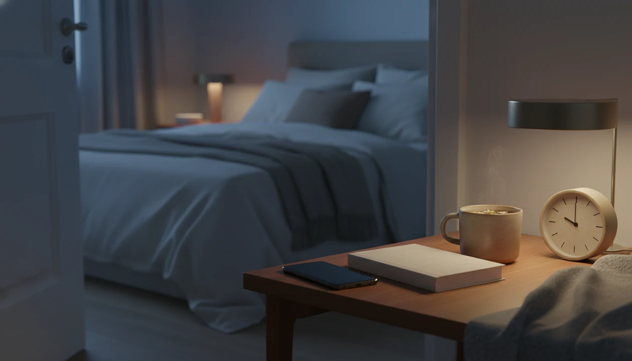 A face-down phone sits outside a bedroom beside a book, tea, and alarm clock for a calmer night.