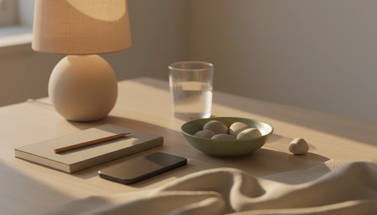 A calm bedside still life with pebbles, notebook, lamp, and phone suggesting small daily habit change.
