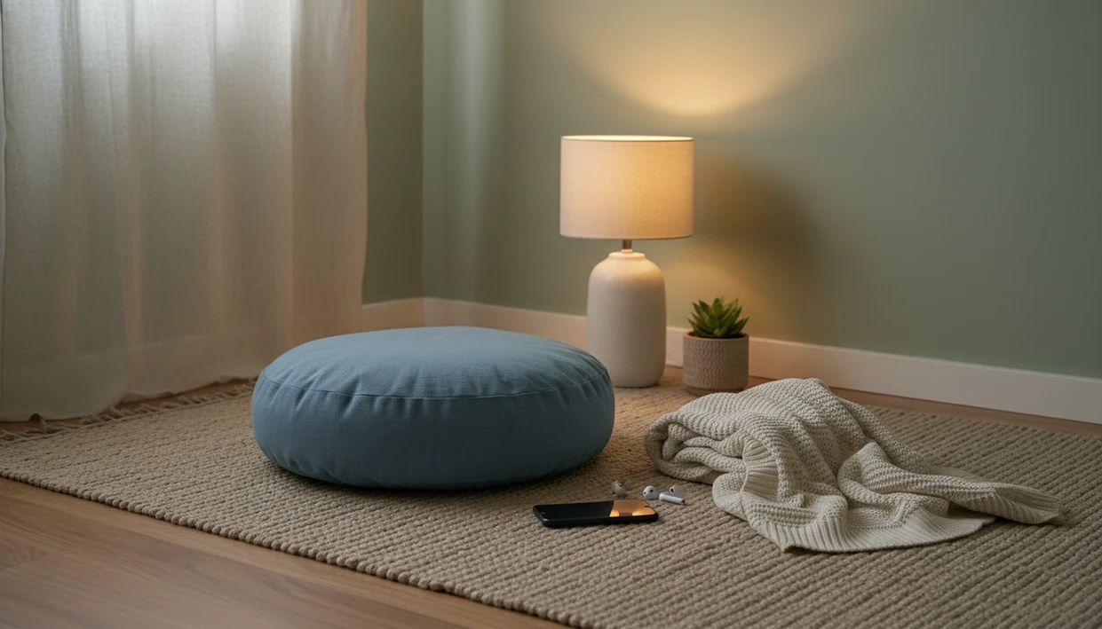 A quiet home meditation corner with a cushion, lamp, plant, blanket, and phone placed face down.
