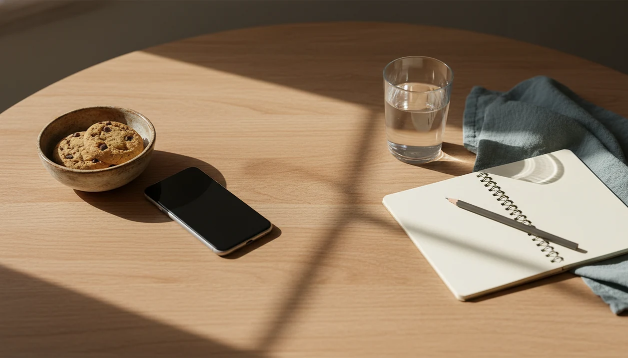 A calm tabletop still life shows cookies, a phone, water, and a wave of light suggesting a mindful pause.
