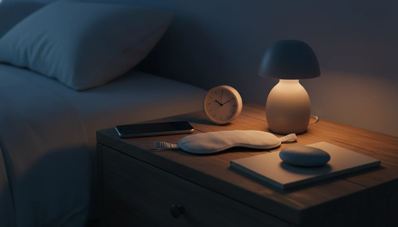 A calm bedside still life shows a face-down phone, sleep mask, notebook, and stone in soft night light.