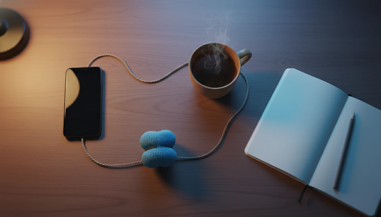 A bedside desk still life shows everyday objects arranged in a loop to symbolize changing habits.