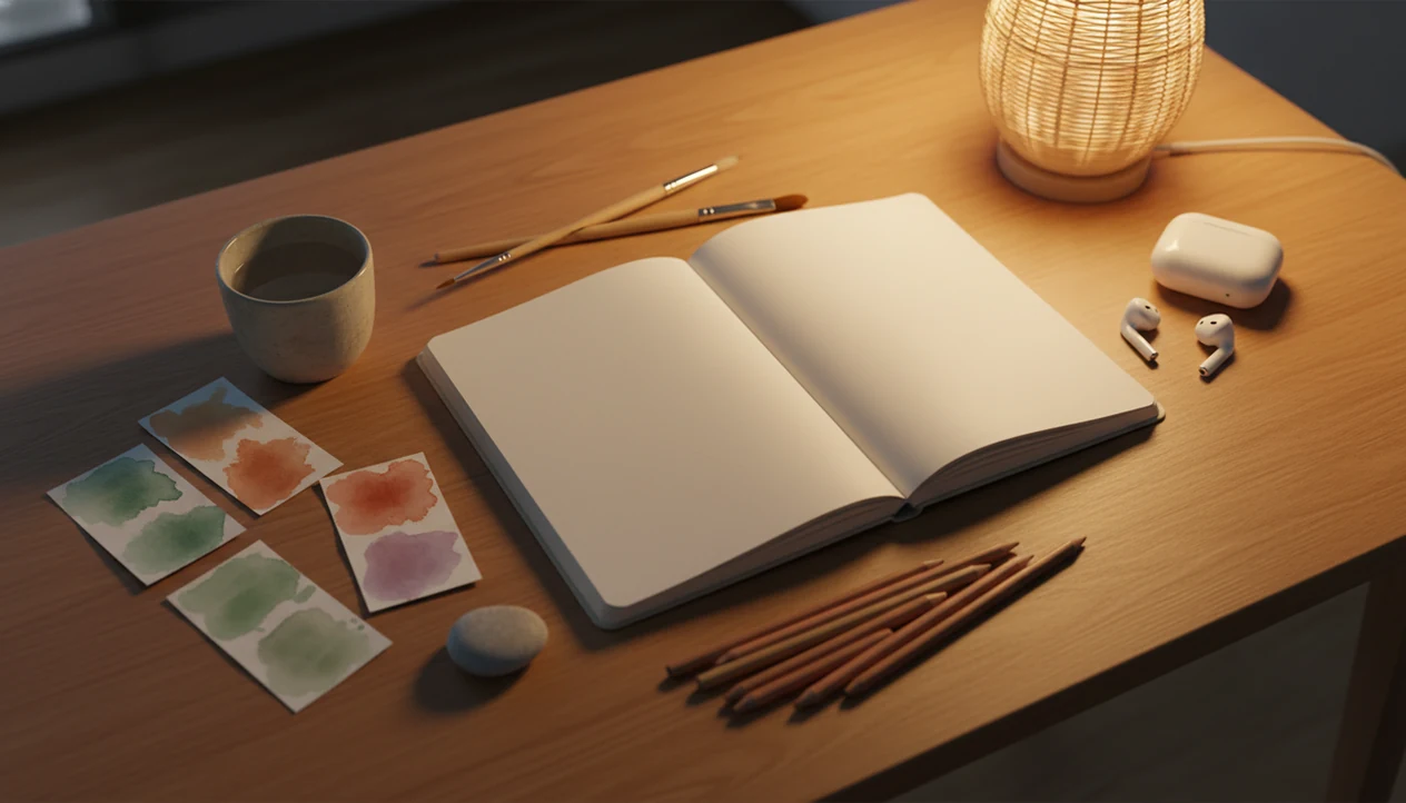 A calm desk with a blank journal, art supplies, bedside phone with a downloaded calm track.