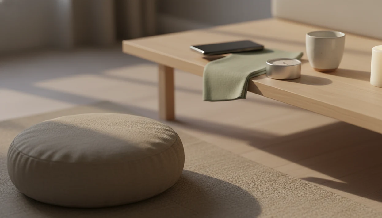 A quiet bedside meditation setup with a phone set aside, a timer, candle, and cushion in soft morning light.