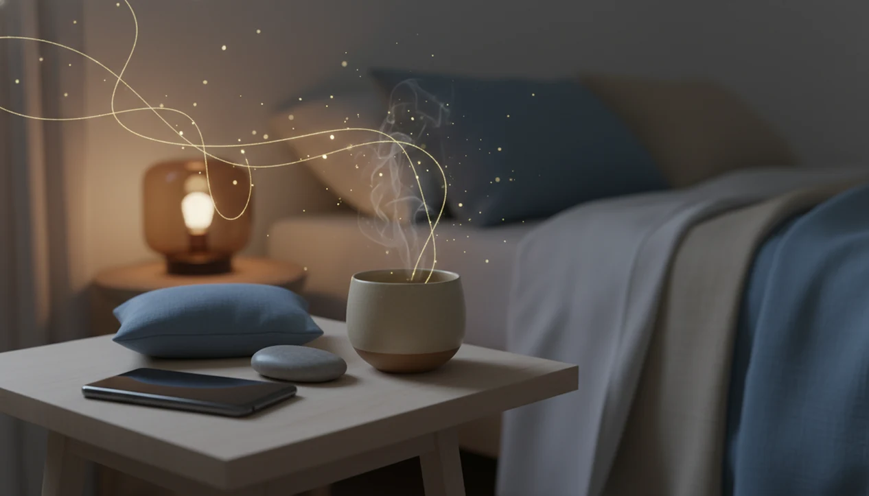 A calm bedside still life with a face-down phone, tea, and meditation objects in soft evening light.