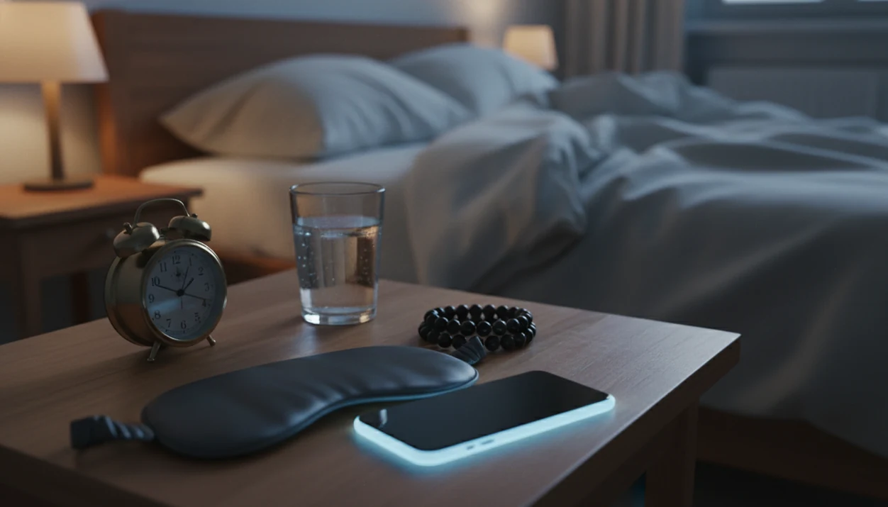 A face-down phone glows on a bedside table beside sleep and calming objects in a dark bedroom.