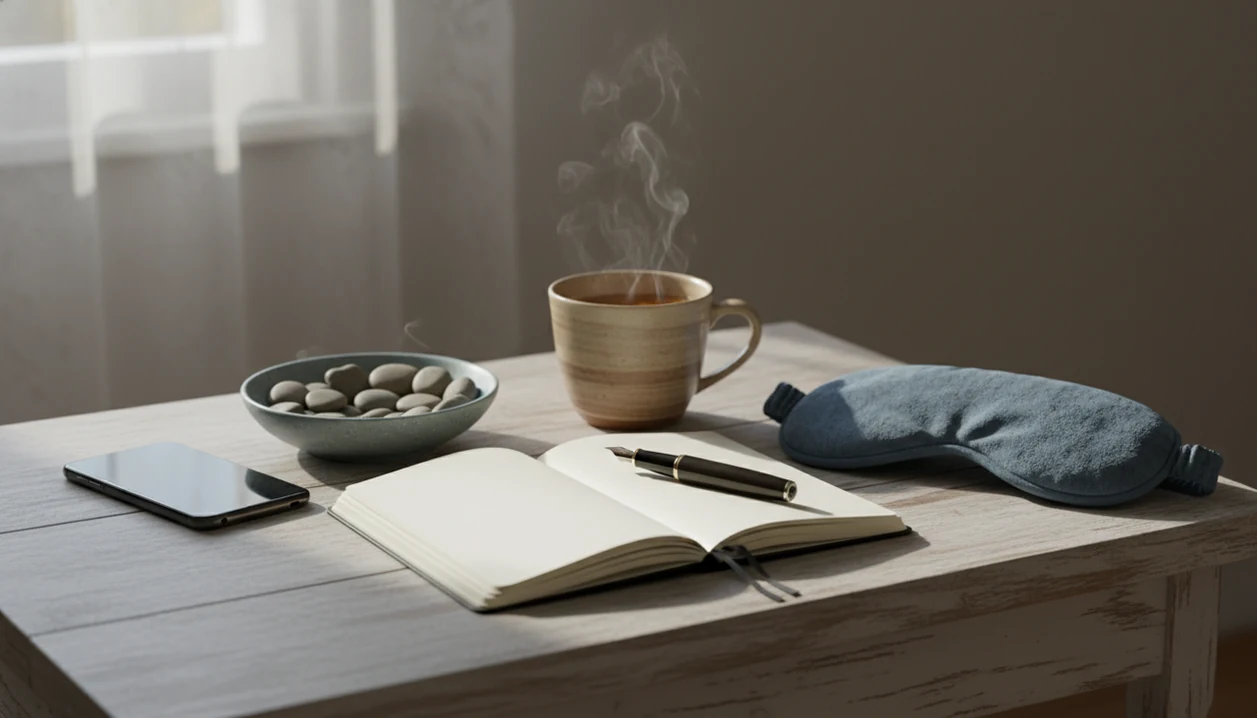 A calm bedside still life shows a phone, pebbles in a loop, tea, notebook, and sleep mask at dawn.