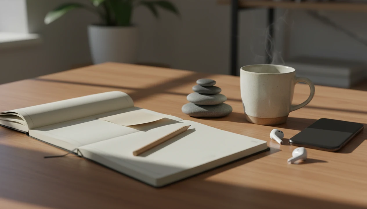 A calm desk scene with a planner, stones, mug, and face-down phone suggesting mindful expectation setting.