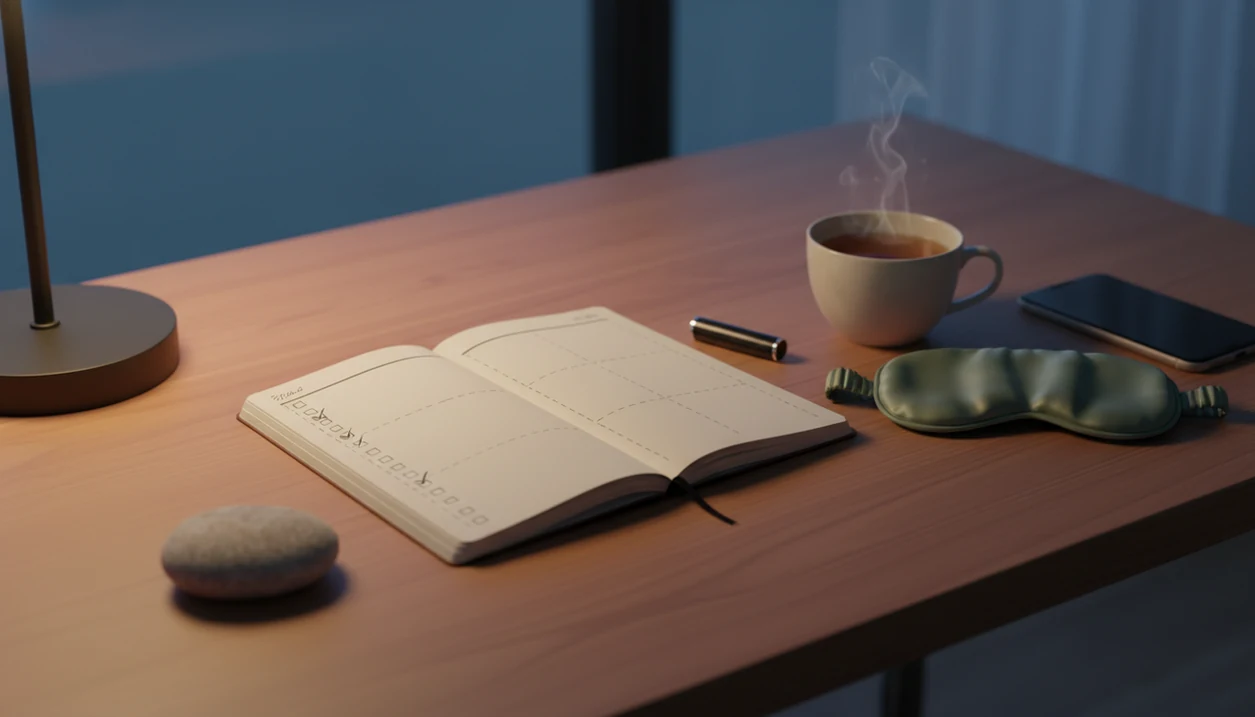 A calm bedside desk shows a blank self-care journal, tea, sleep mask, pen, stone, and face-down phone.