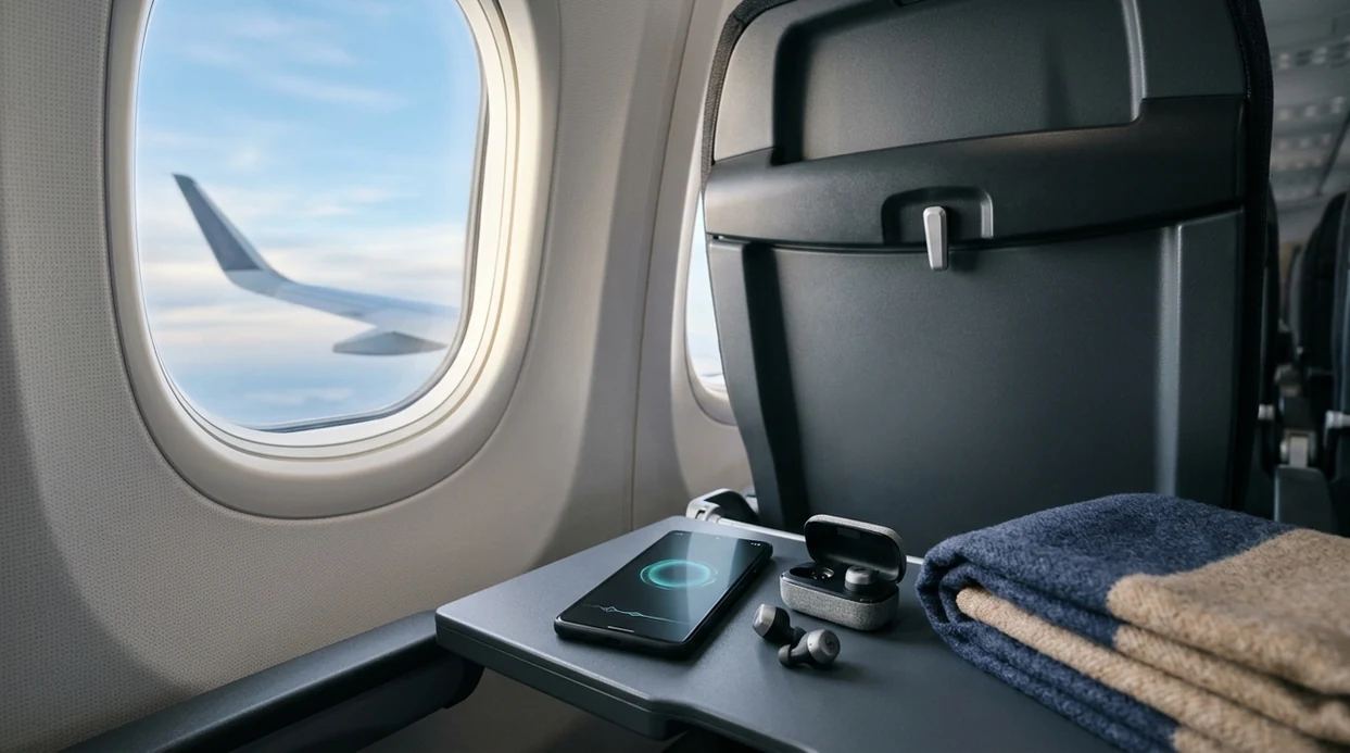 A phone with calming audio visuals sits on an airplane tray table beside earbuds and a window view of clouds.