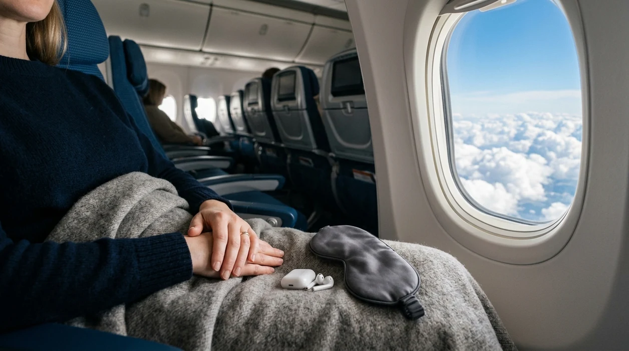 A calm airplane window seat scene with relaxed hands, clouds outside, and travel items for soothing anxiety.