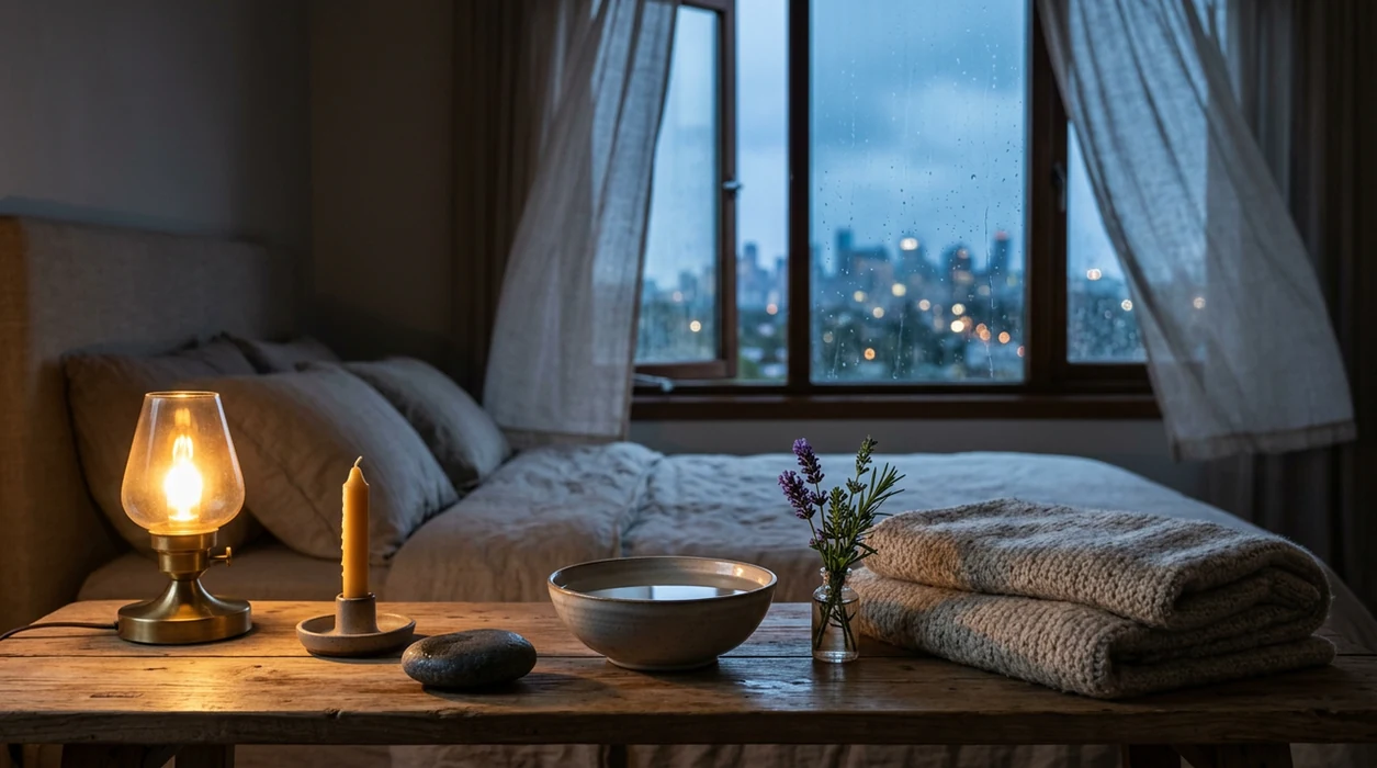 A bedside table with five calming objects sits beside a rainy window at dusk.