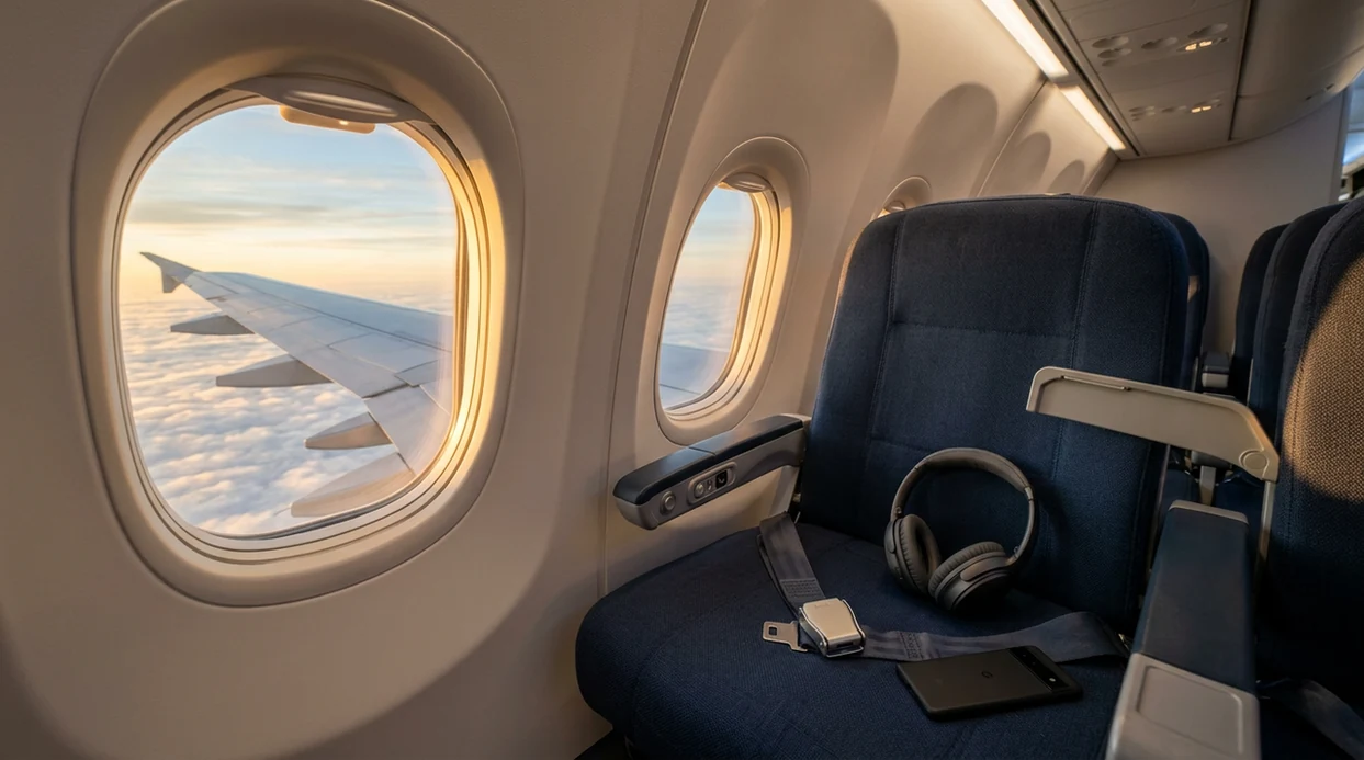 An empty airplane window seat with a fastened seatbelt, headphones, and a calm sunrise above the clouds.