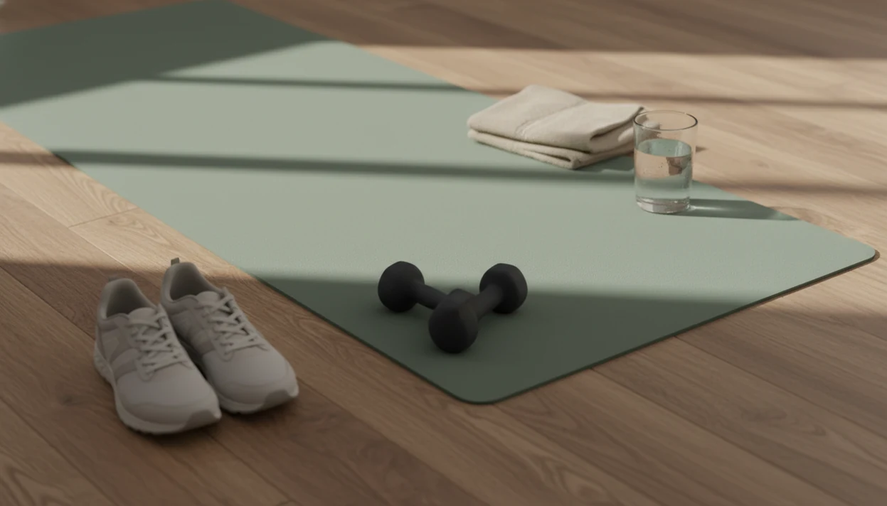 A calm workout setup with a yoga mat, shoes, dumbbells, towel, and water in soft morning light.