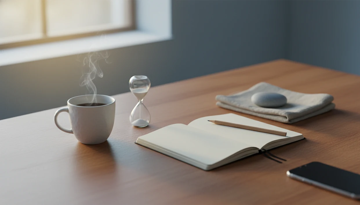 A calm desk scene with a blank notebook, sand timer, tea, and stone arranged for a focused morning routine.