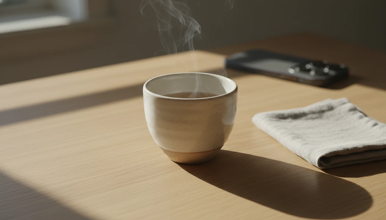 A quiet cup of tea on a wooden table suggests focusing on one simple task at a time.