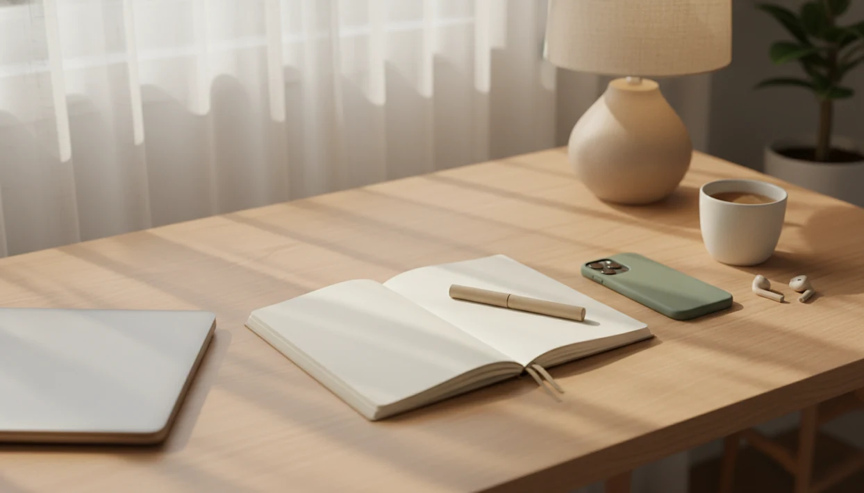 A quiet desk with a notebook, face-down phone, bedside phone with a downloaded calm track.