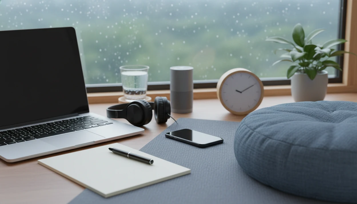 A calm workspace contrasts headphones for ambient sound with a meditation cushion for focus practice.