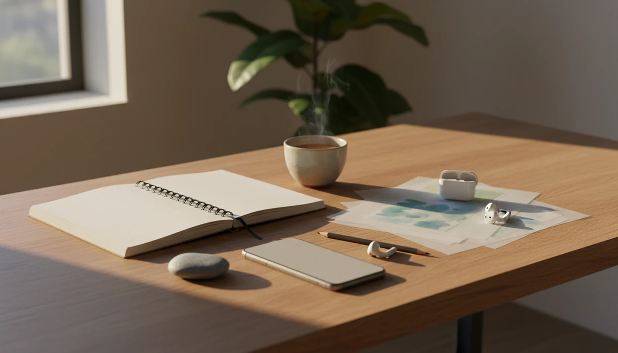 A calm creative desk with a blank sketchbook, pencil, tea, stone, and phone in soft morning light.