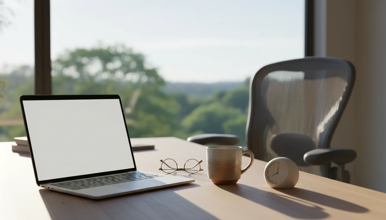 A quiet desk setup faces a bright window, suggesting a mindful screen break for tired eyes.