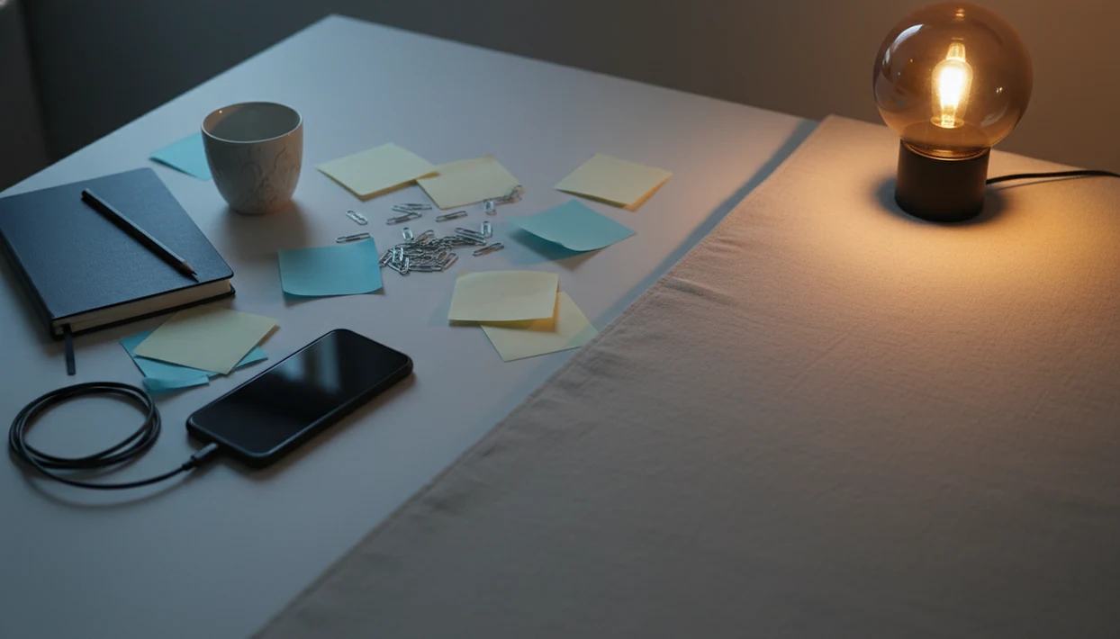 A calm bedside desk contrasts scattered objects with a clear space for a mindful reset.
