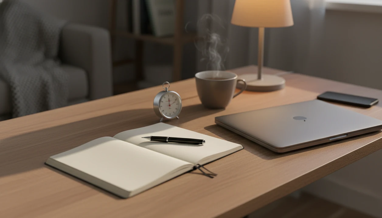 A calm desk setup with a notebook, timer, pen, and phone placed out of reach to encourage starting.