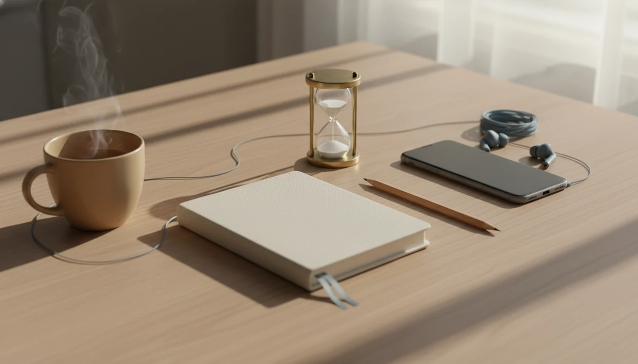 A calm desk still life shows a looping thread returning to a notebook, symbolizing focus practice.