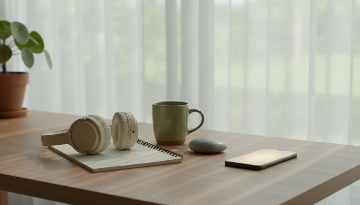 A calm desk setup with headphones, notebook, mug, and soft morning light for focused meditation music.