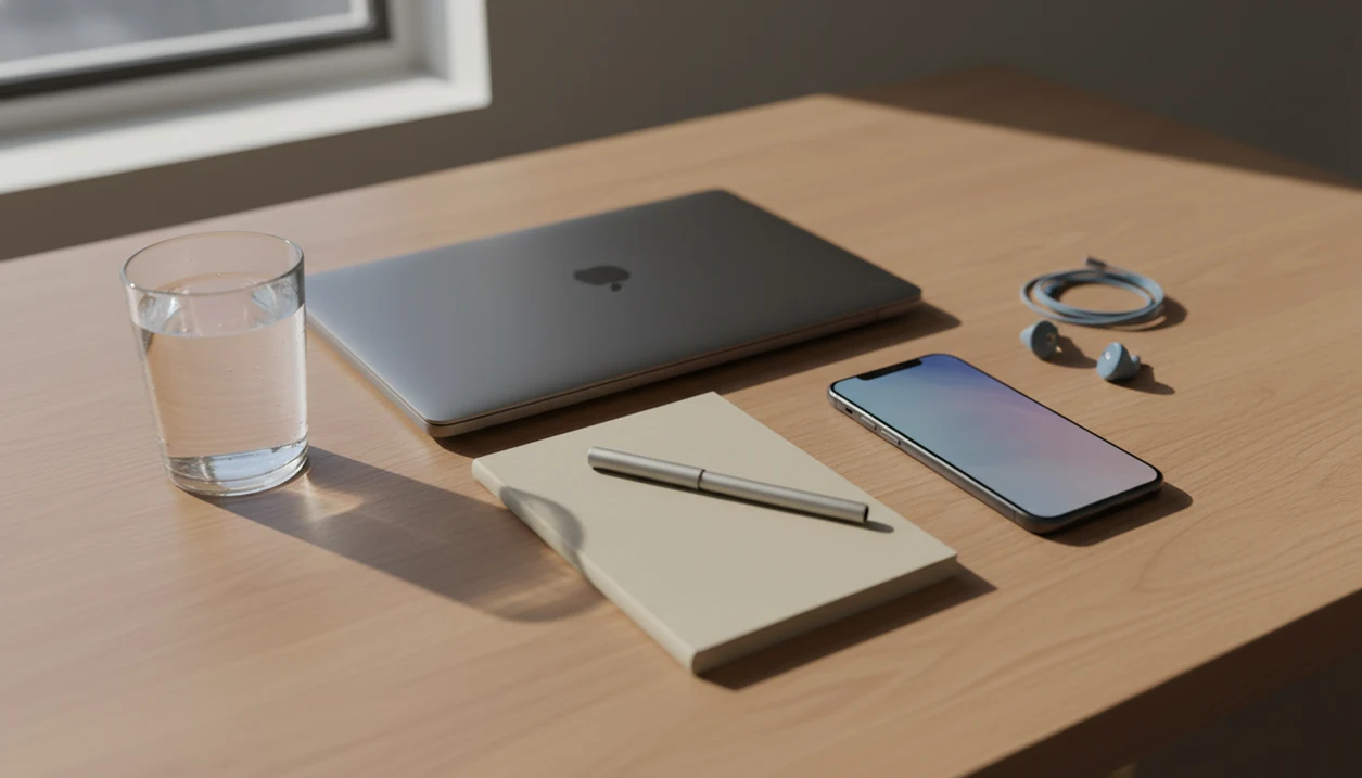 A calm desk setup with a notebook, dim phone, soft lamp and phone beside the bed.