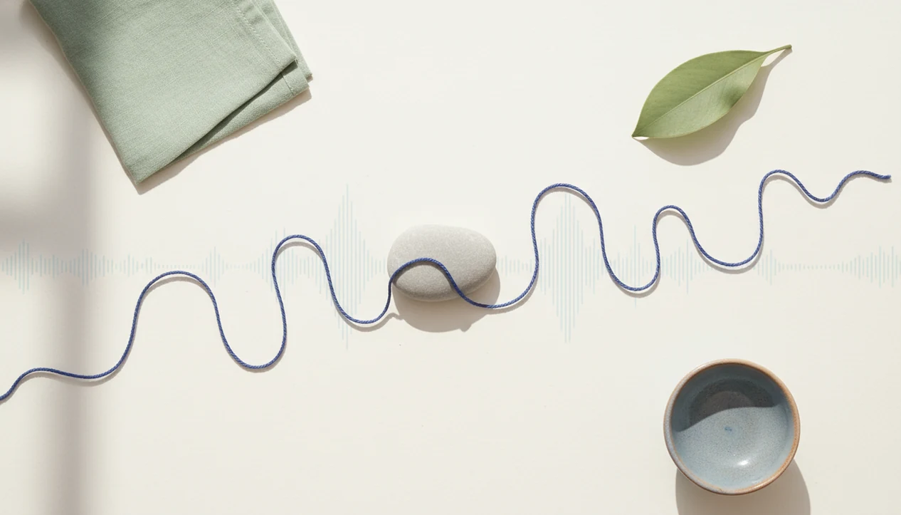 A wandering thread line returns to a pebble among calm sensory objects on a soft desktop scene.