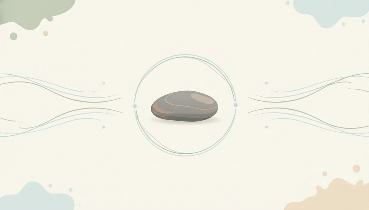 A calm illustration shows a central stone with soft looping lines suggesting attention returning to an anchor.