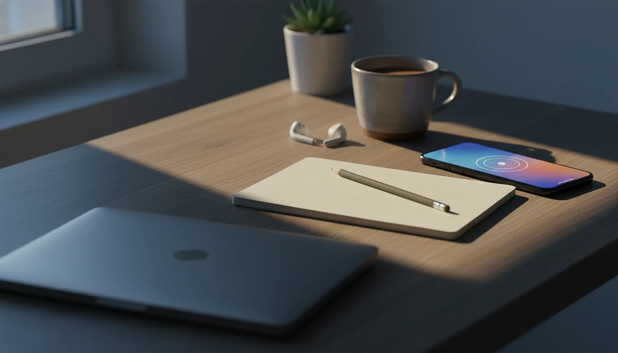 A calm work desk with a phone, low light, blanket, and phone for guided audio.