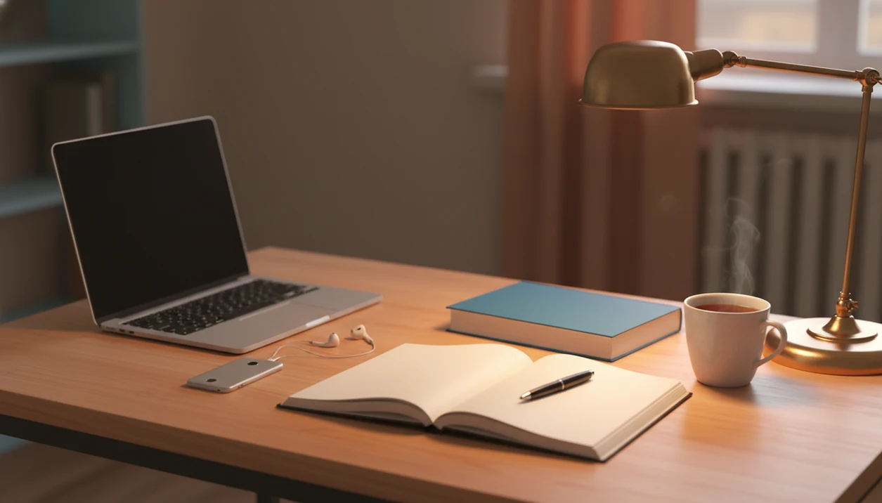 A calm study desk with a face-down phone, notebook, laptop, speaker and dim light on the bedside table.
