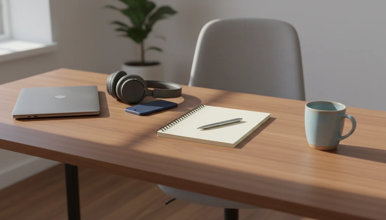 A quiet desk with headphones, a face-down phone, and a notebook set up for a short focus reset.