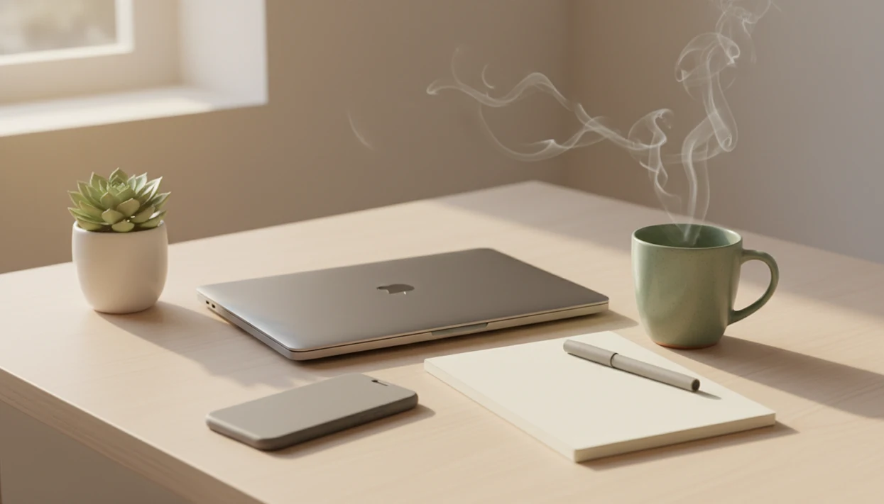 A calm desk with a closed laptop, face-down phone, notebook, plant, and steaming mug for a breathing reset.