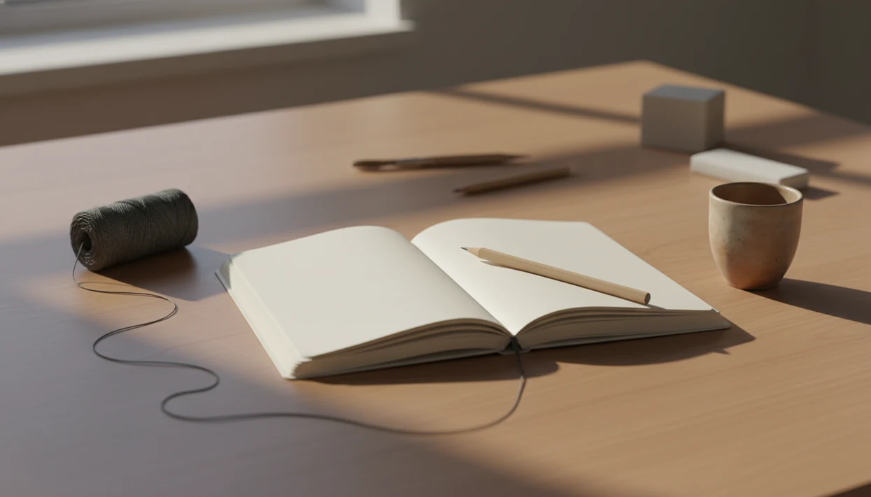 A blank sketchbook and pencil sit beside thread slowly untangling across a calm wooden desk.