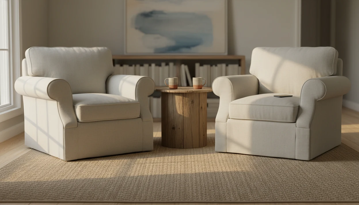 Two empty chairs face each other calmly, with a phone set aside on a small table.