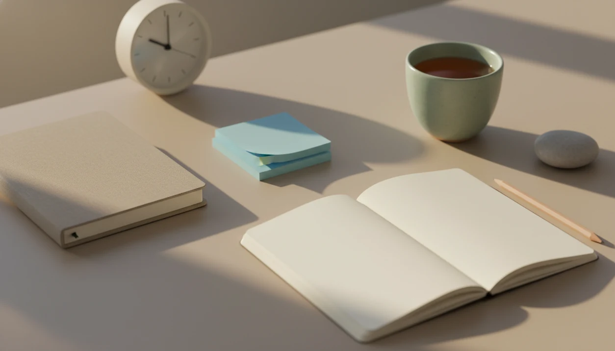 A calm desk scene contrasts calendar tools with a clear focused workspace for attention.