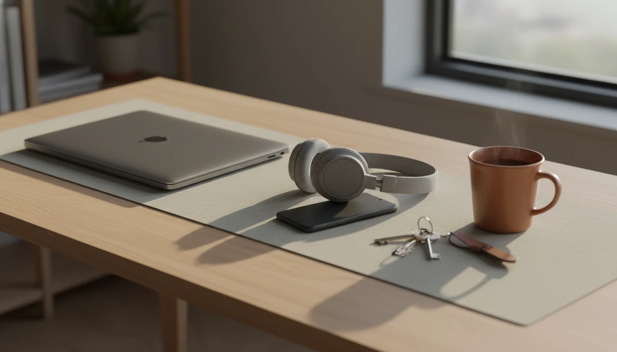 A closed laptop, headphones, phone, mug, and keys rest on a quiet desk in soft afternoon light.